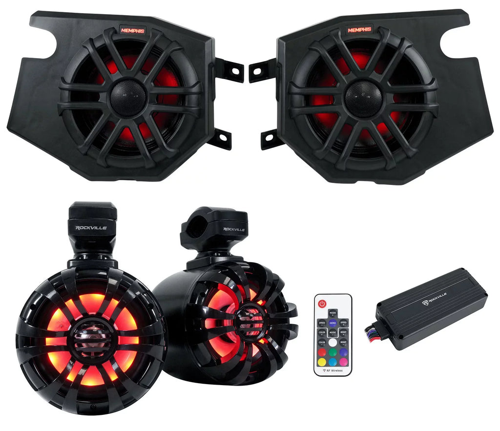 (2) Memphis Audio RZR65FE Pods+LED Tower Speakers+Amp For 2014+ Polaris RZR - Exclusive Design