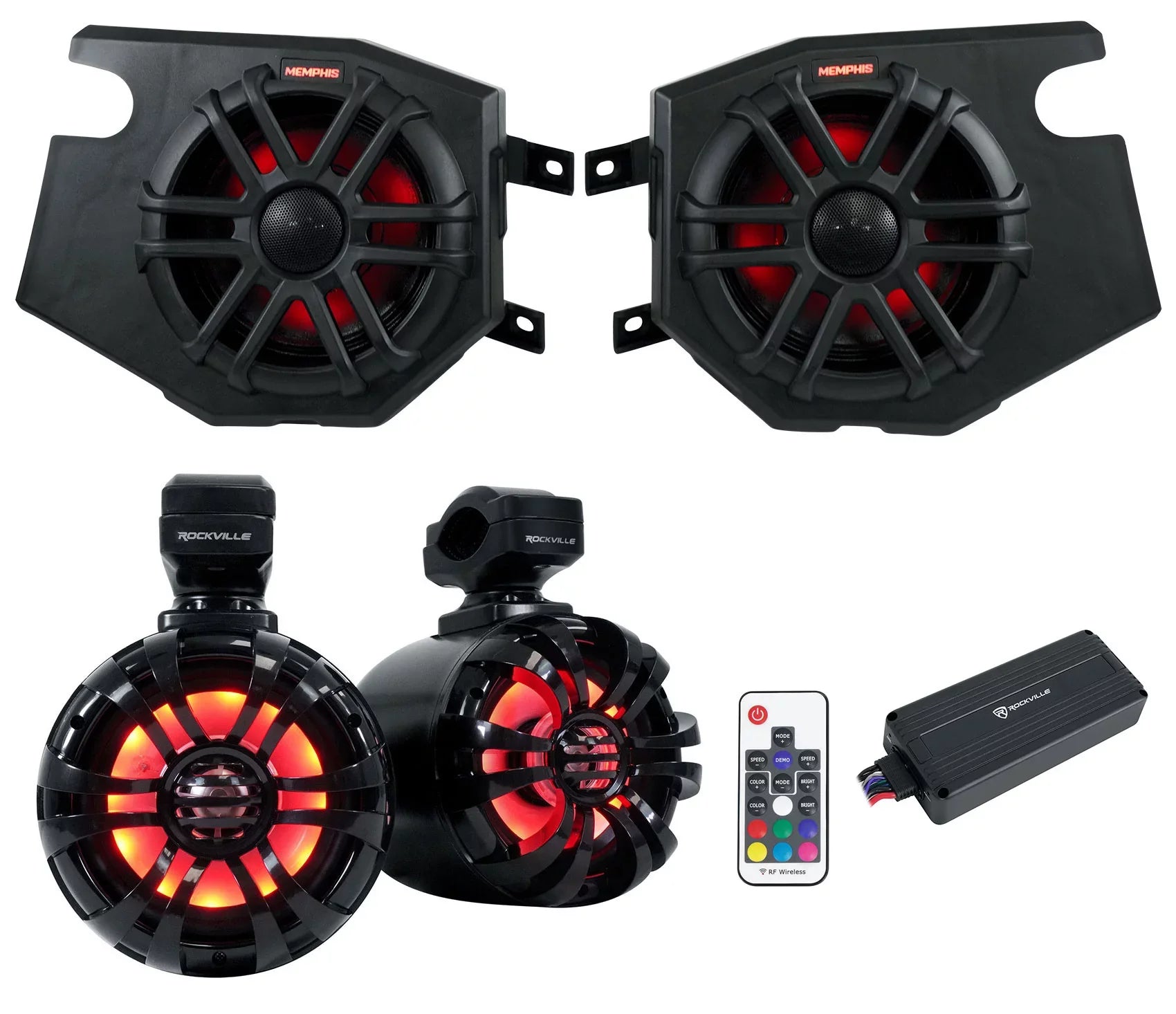 (2) Memphis Audio RZR65FE Pods+LED Tower Speakers+Amp For 2014+ Polaris RZR - Exclusive Design