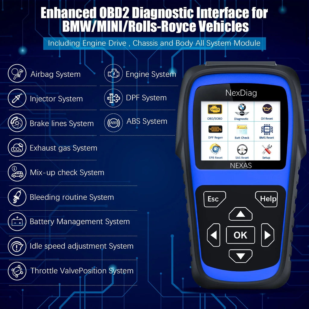 Stylish NEXAS ND601 OBD2 Scanner Fits for BMW & MINI Multi-System Diagnostic Scanner Automotive Diagnostic Maintenance Tool DPF Regen BMS Reset Check Engine Code Reader for Vehicles after 1996