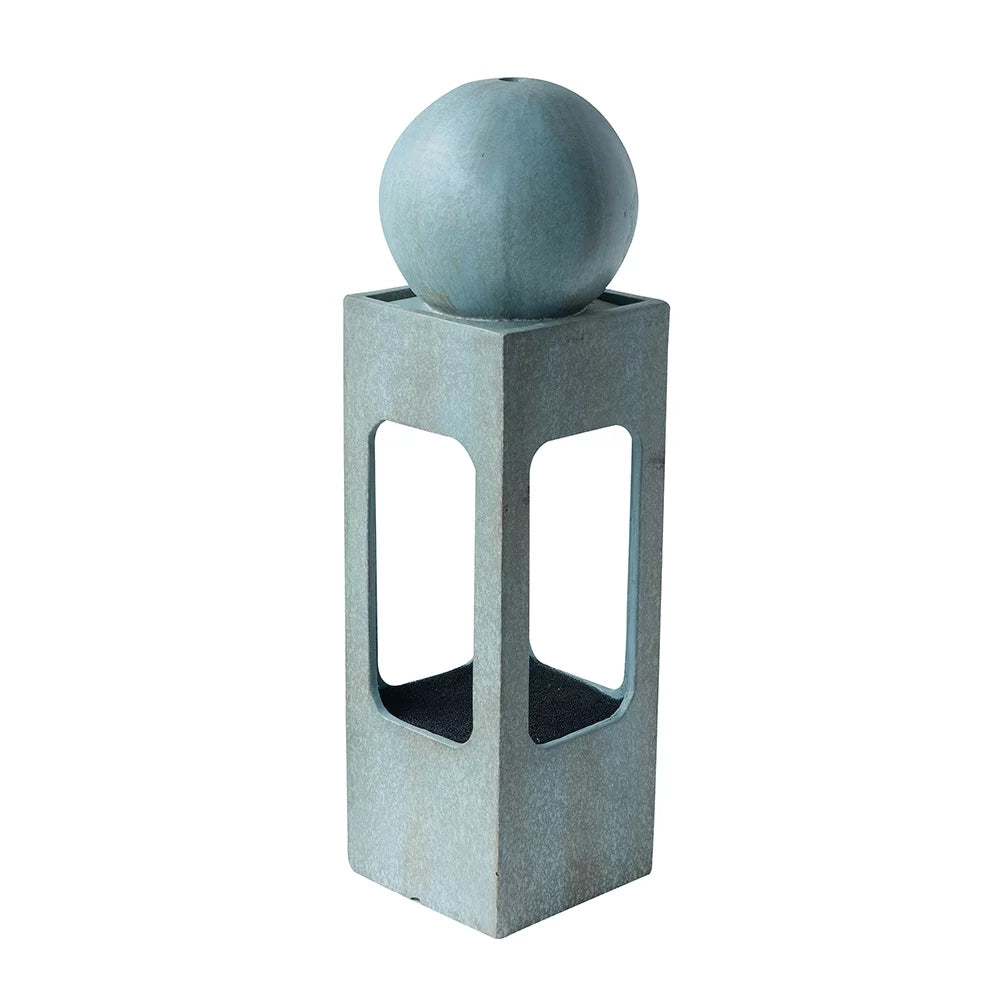 Homiyad 13X13X44" Tall Contemporary Sphere Outdoor Water Fountain, Cement/Concrete Outdoor Fountain, Antique Blue Raindrop Water Feature with Lamp for Garden, Lawn, Deck & Patio