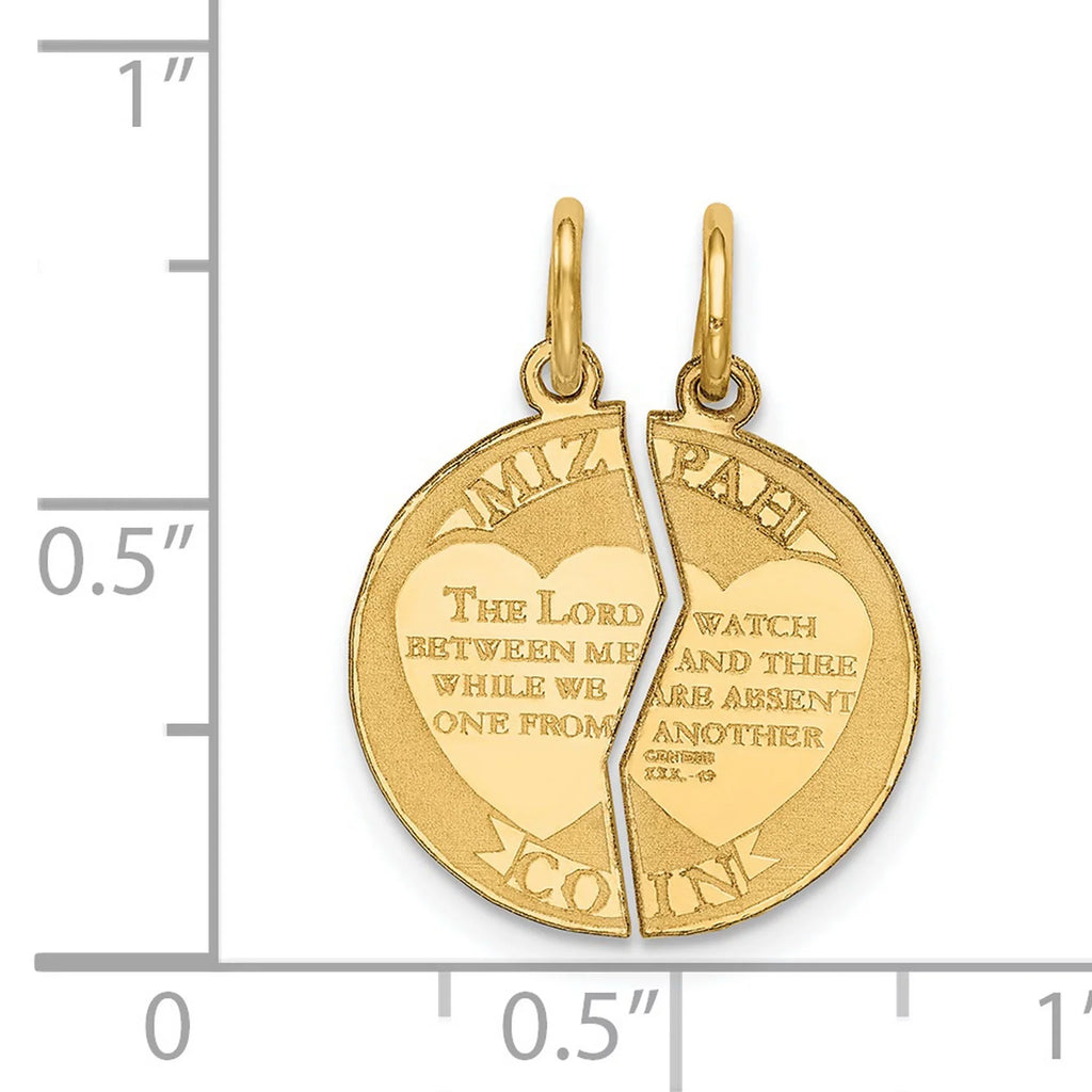 14k Yellow Gold 2-Piece Break Apart Mizpah Coin Emotional Bond Words Genesis 31:49 on Round Pendant 22 mm x 17 mm - Exclusive Design