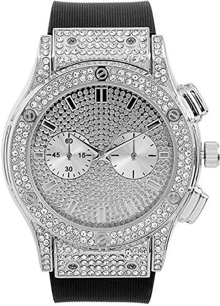 Charles Raymond Big Bling Watch Inspired by Hip Hop - Mens Iced Out Timepiece - Faux Chrono Eyes - Diamond Rhinestones on Blast - ST10311 (Silver Rubber Cuban)