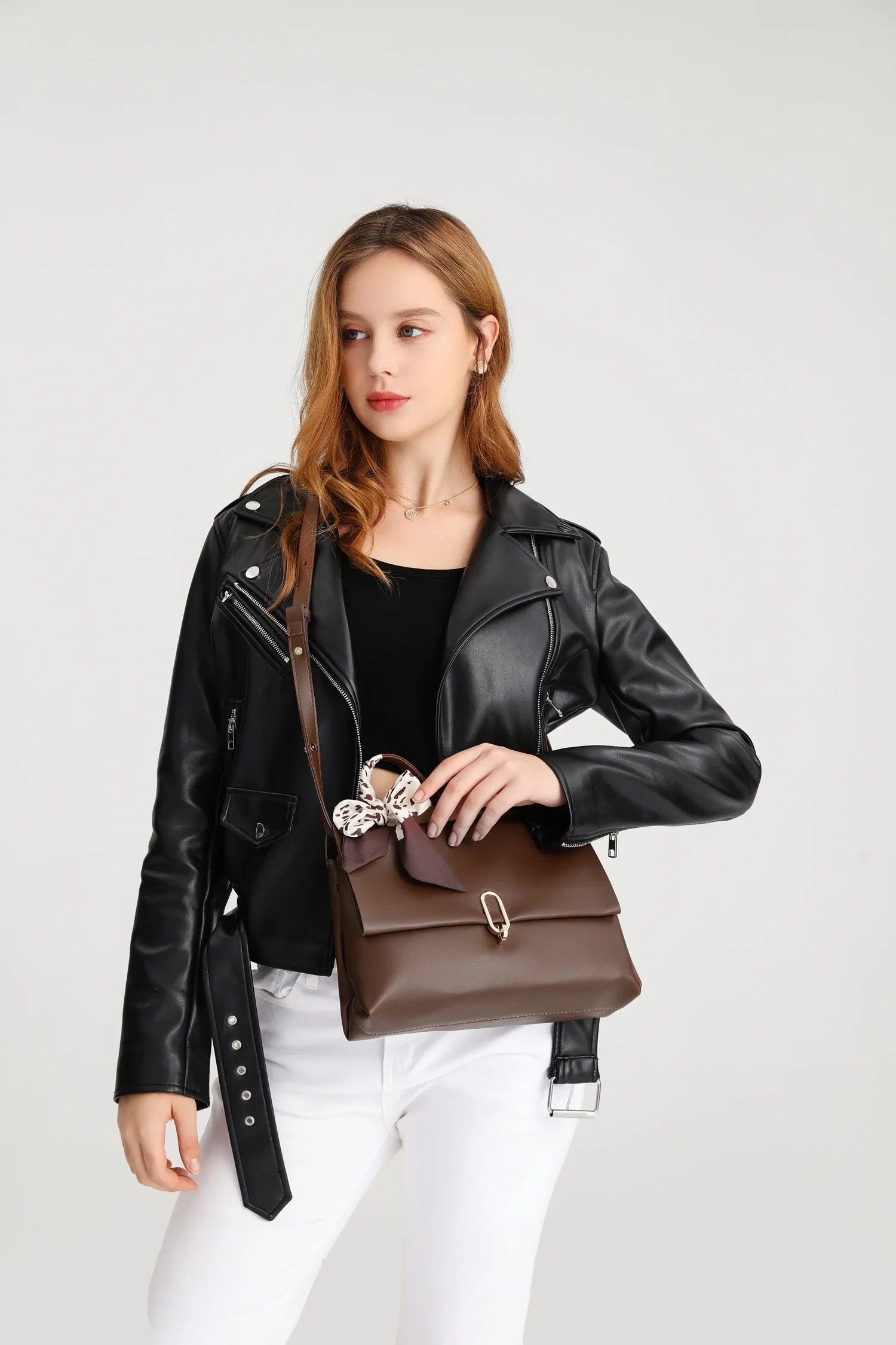 Brown crossbody bags women handbags ladies hand bags square bag Women's Silk Scarf Handle PU Leather Flap Shoulder Bag