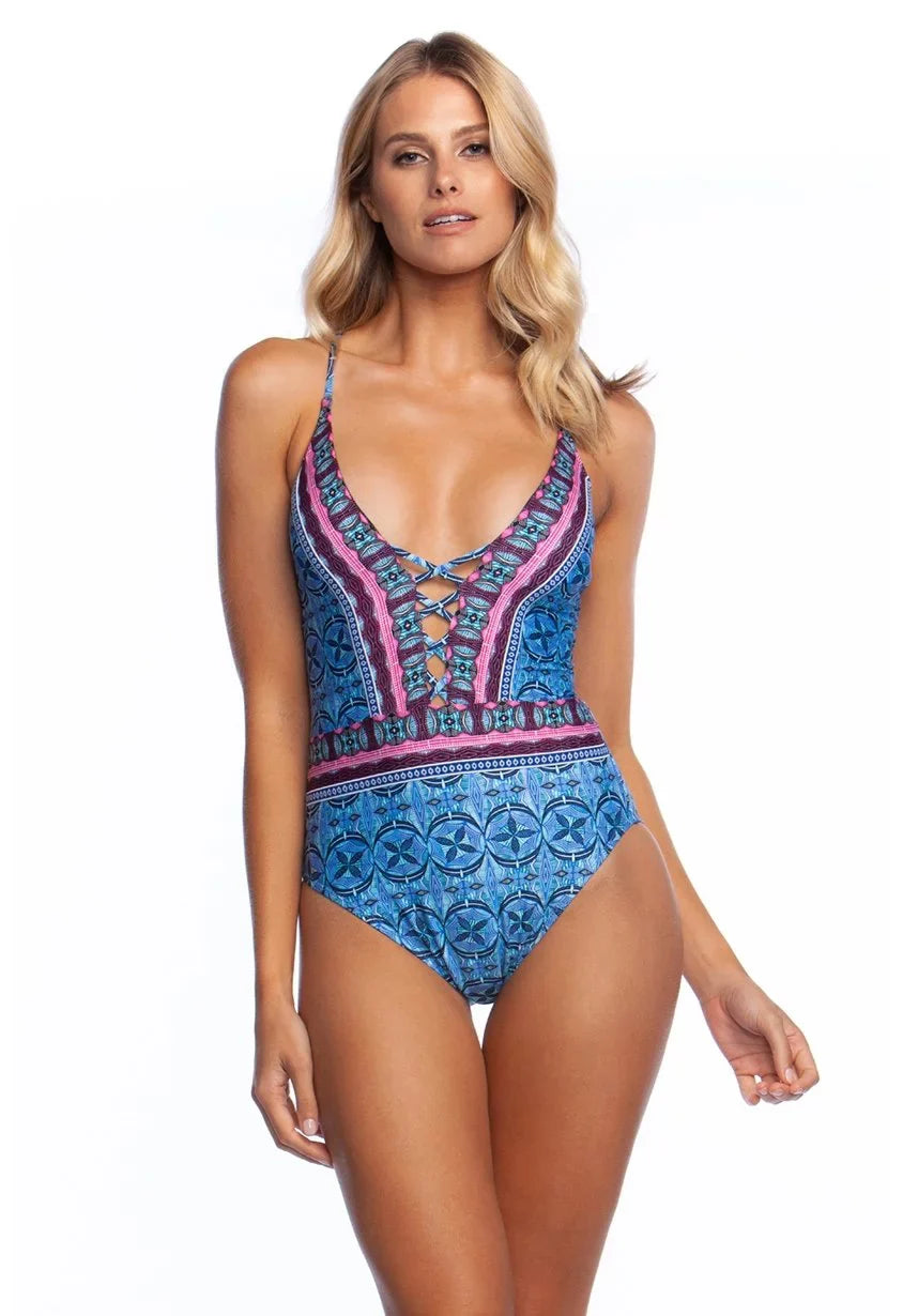 La Blanca The Realist Lace-up Plunge One Piece Blue 12 / Blue
