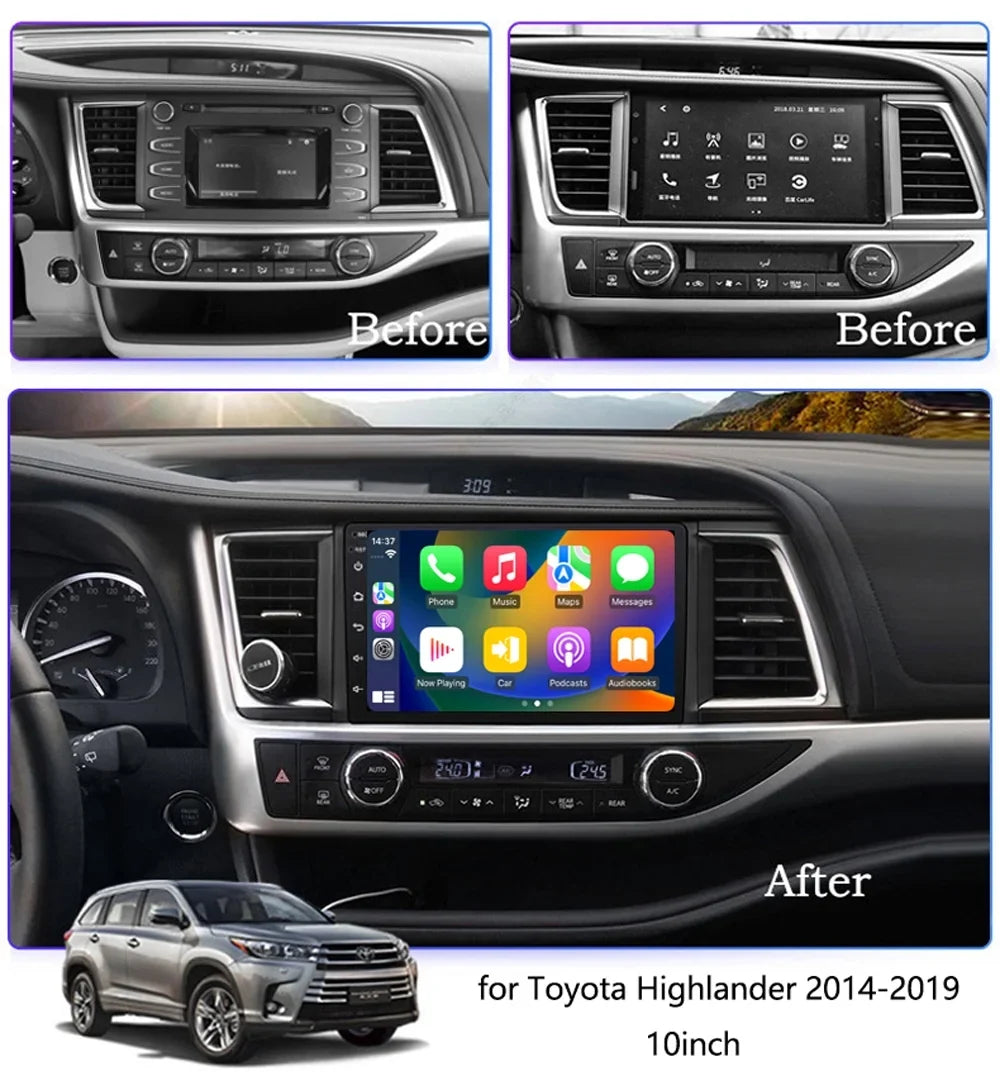 Car Radio for Toyota Highlander 2014-2019 Built-in Carplay/Android Auto, Android 10 Host 4G RAM 64G ROM with WiFi GPS Navigation Bluetooth Steering Wheel Control - Exclusive Design