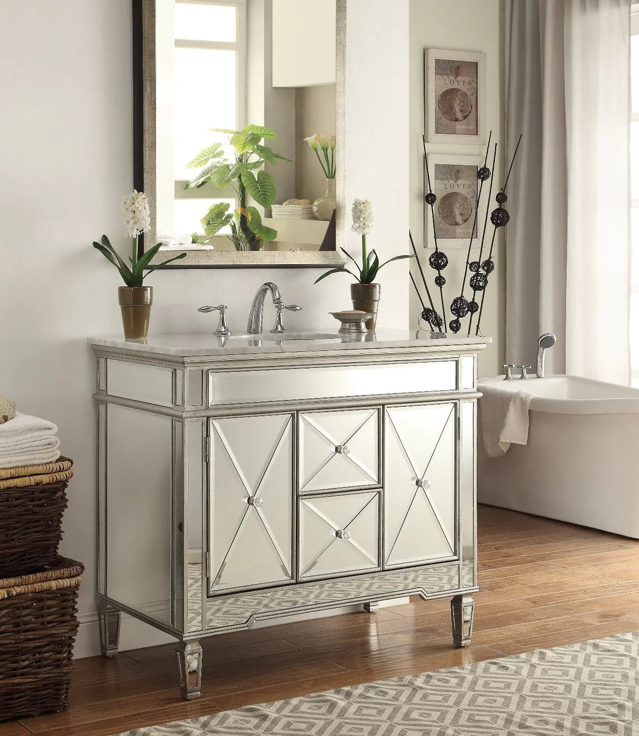 Stylish 40" Benton Collection Giselle Silver Mirrored Vintage Bathroom Sink Vanity DH-13Q332