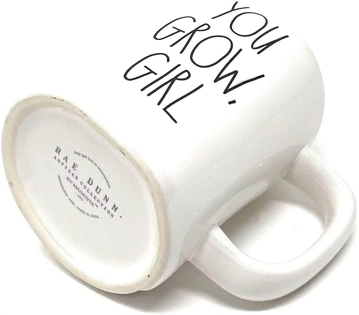Rae Dunn White YOU GROW GIRL Coffee Tea Double Sided Mug with Cactus Plant Icon on Back
