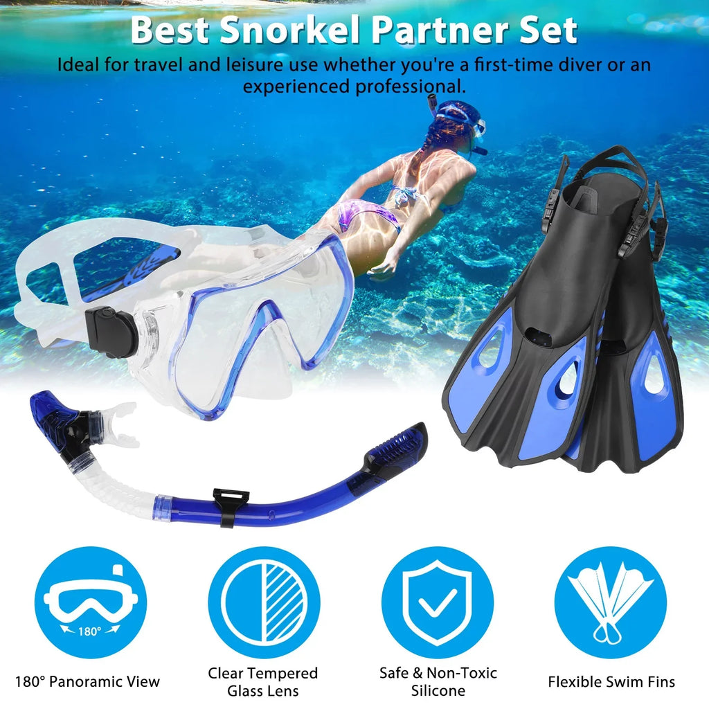 iMounTEK Adults Snorkel Set, Mask, Fins, Dry Top Diving Snorkel Included, Diving Swimming Training Snorkel Kit,Green[L_XL]