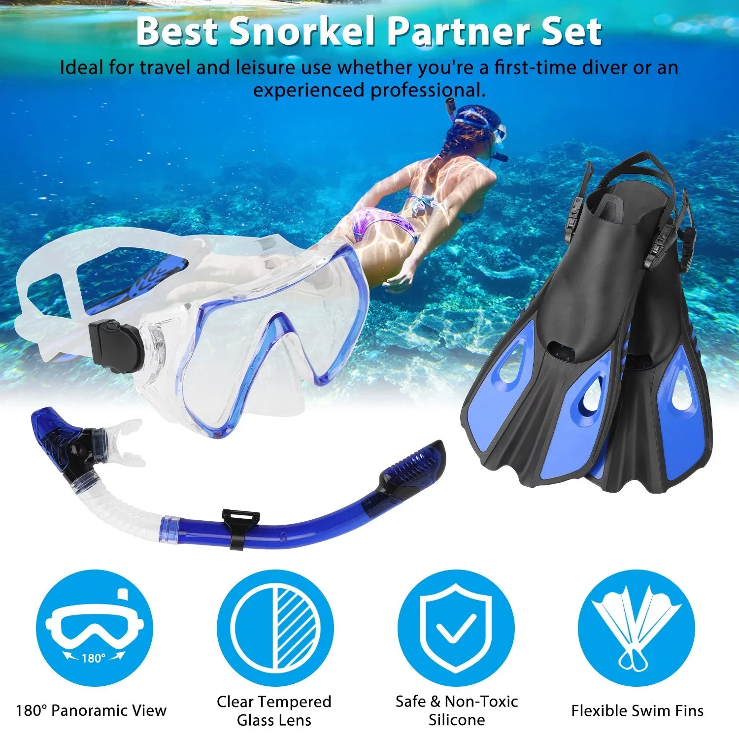 iMounTEK Adults Snorkel Set, Mask, Fins, Dry Top Diving Snorkel Included, Diving Swimming Training Snorkel Kit,Green[L_XL]