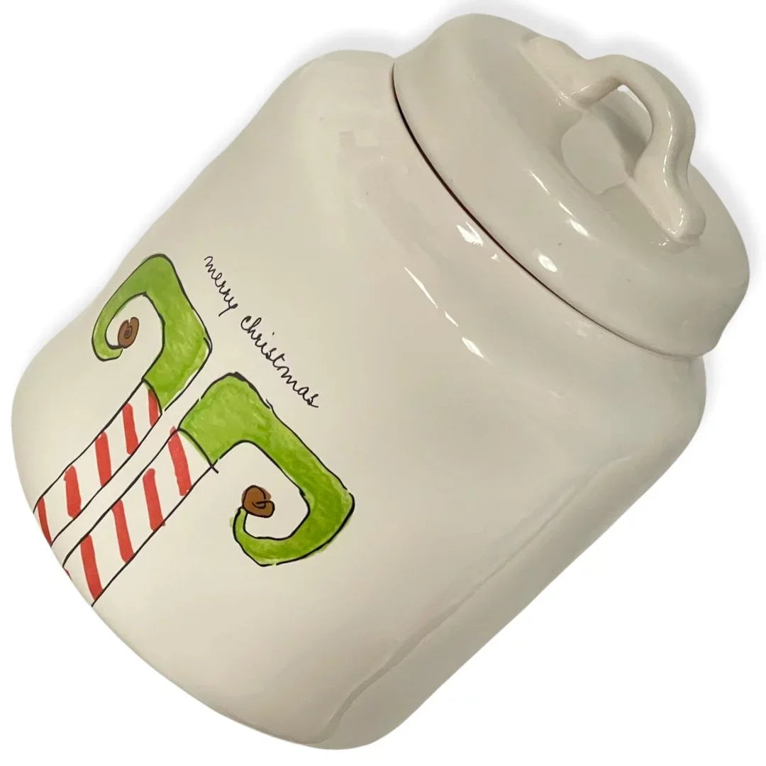Rae Dunn MERRY CHRISTMAS ELF White Ceramic LL Canister With Black Letters - Exclusive Design