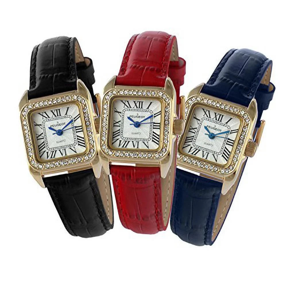 peugeot womens 14k gold plated square tank petite small black leather band luxury dress watch 3052bk - Exclusive Design