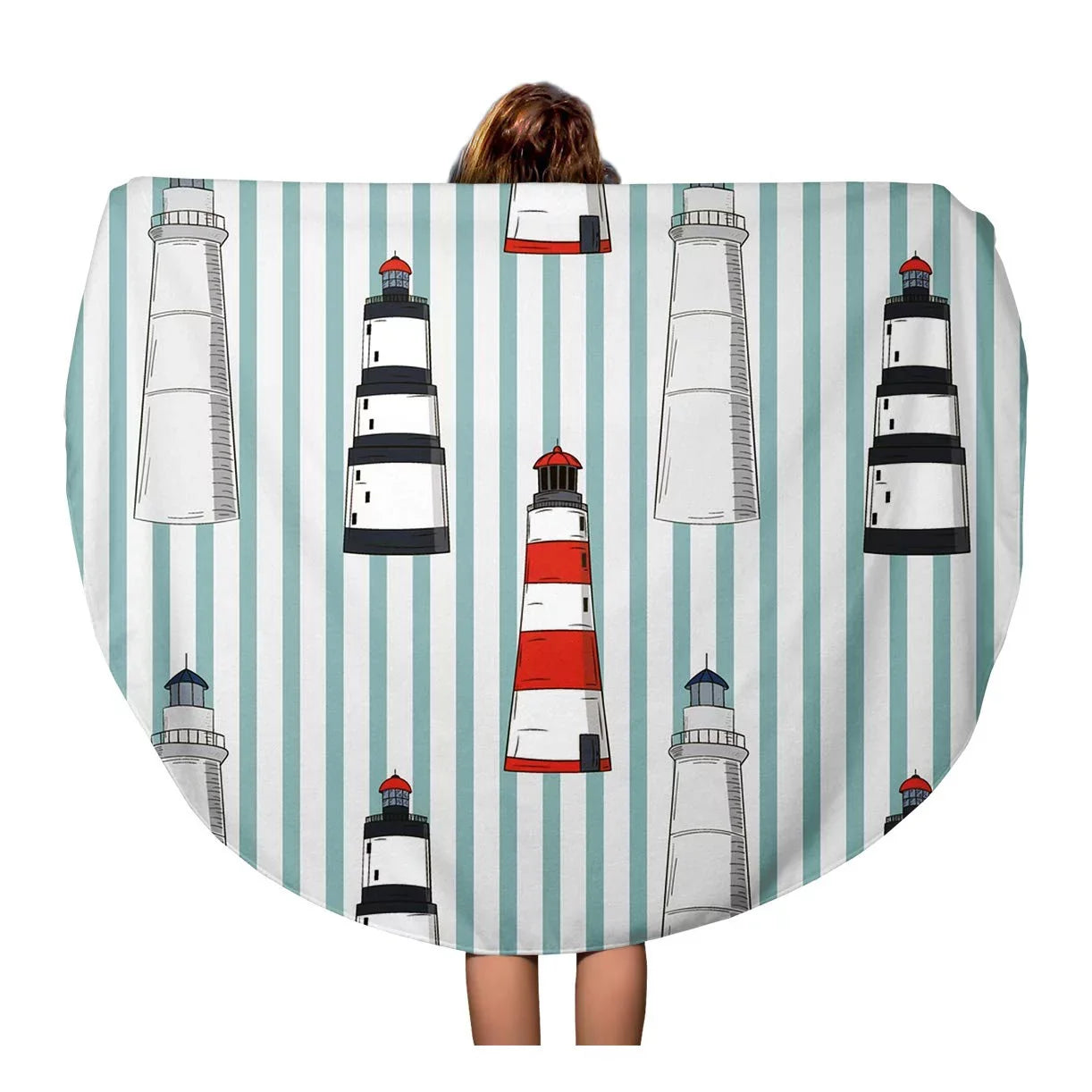 SIDONKU 60 inch Round Beach Towel Blanket Blue Abstract Pattern Different Lamphouses Stripped Red Beach Boat Travel Circle Circular Towels Mat Tapestry Beach Throw