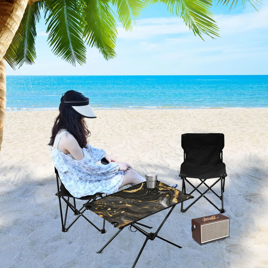Luxury Black and Gold Marble Camping Folding Table Portable Beach Table with Storage Bag Compact Picnic Table for Outdoor Travel Fishing BBQ
