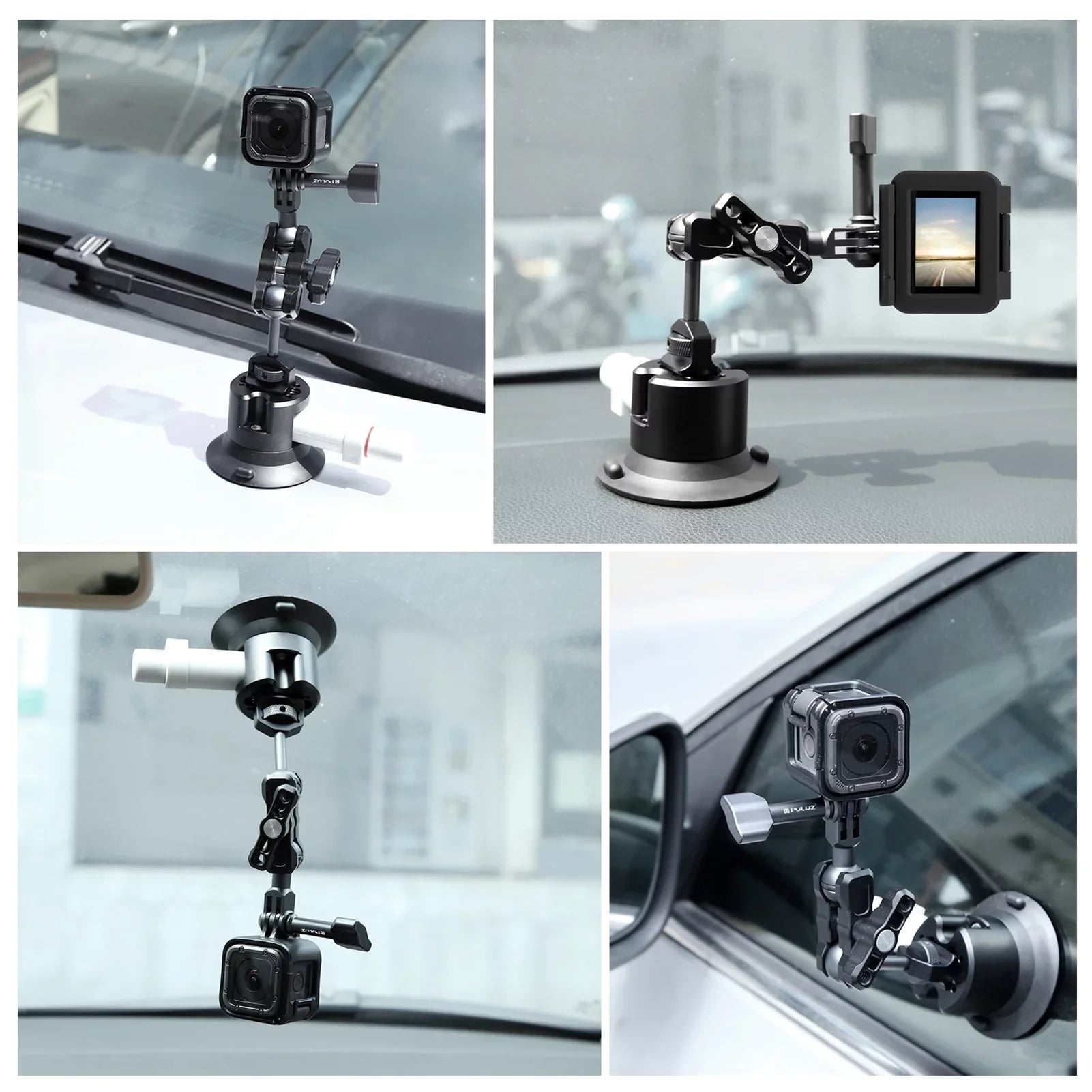 PULUZ PU845B Suction Cup Mount for Action Camera Suction Camera Mount Bracket Dual 360Â° Rotatable Ballheads Replacement for GoPro Hero 11/10/9/8, Osmo Action 3/2 - Exclusive Design