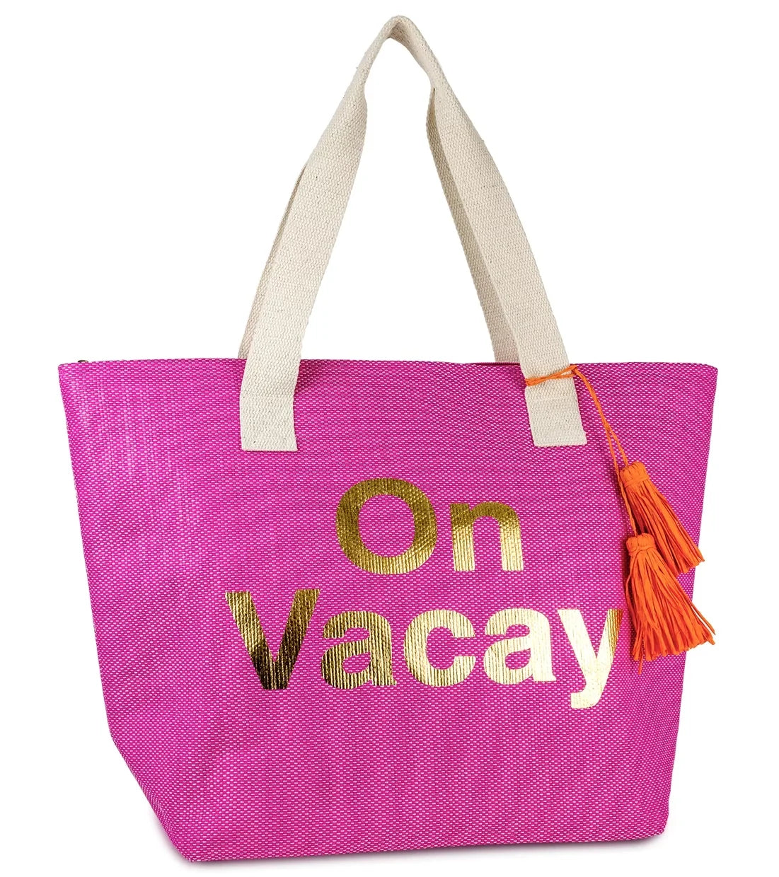 Women's Paper Straw Insulated on Vacay Beach Tote Bag with Metallic Letters and Flat Handel - Exclusive Design
