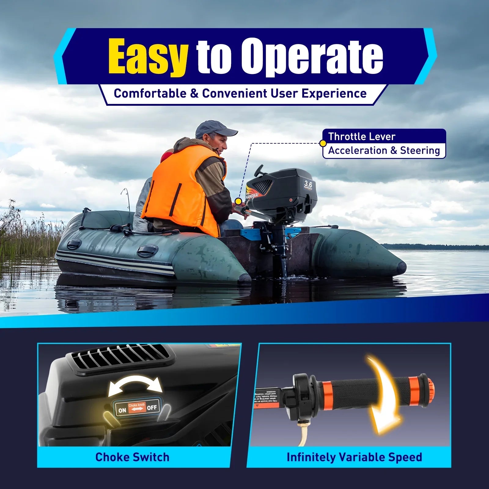 Stylish 2 Stroke 3.6 Gasoline Outboard Motor, 55cc Fishing Boat Engine with Water Cooling System Clutch Control Black