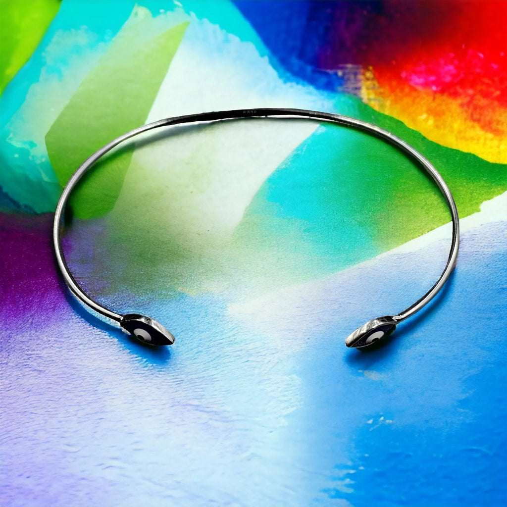 Solid Silver Evil Eye Open ended cuff style Jewelry Handmade Kada Adjustable Bracelet Best Gift idea for Girls