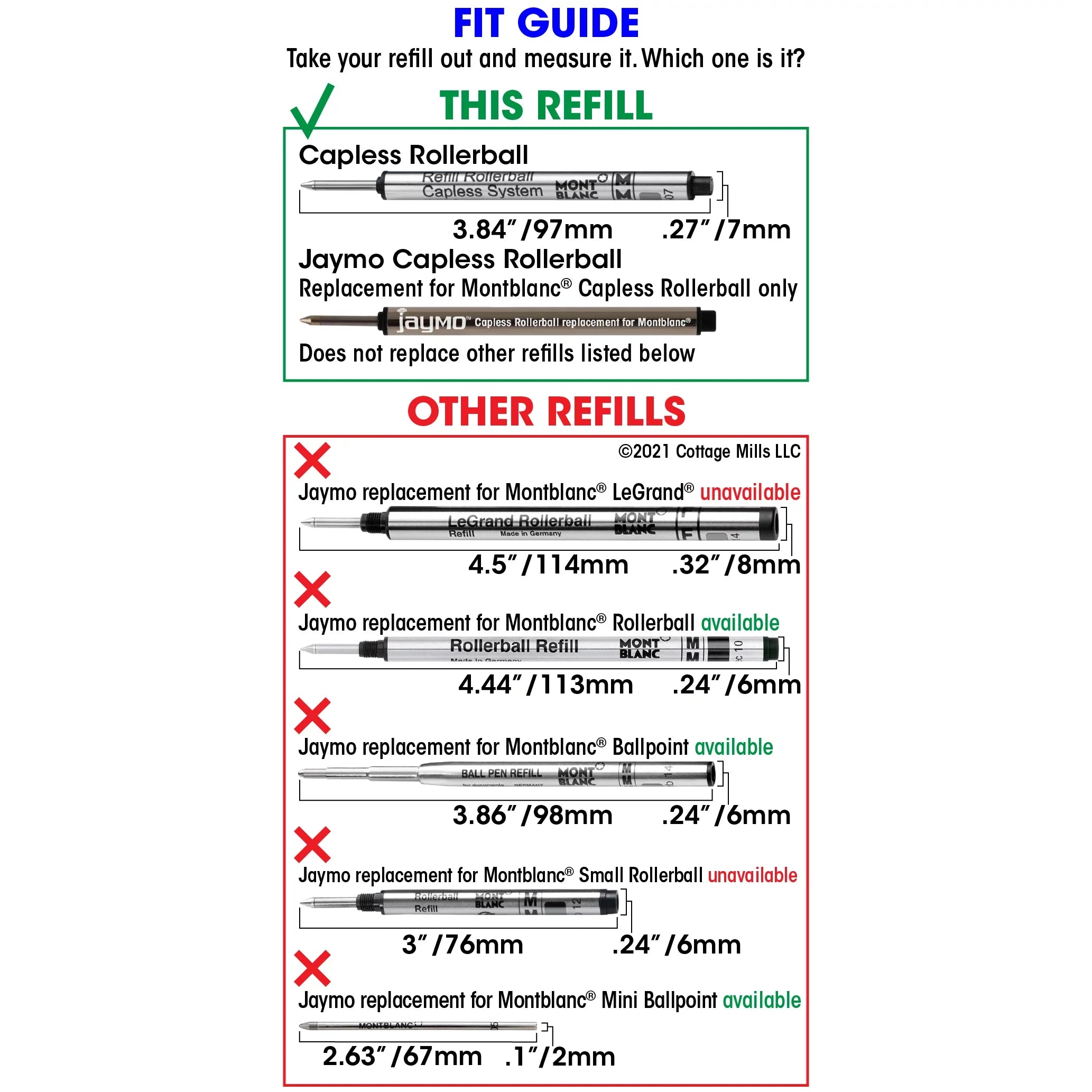 Stylish Jaymo Replacement for Montblanc 113778 - Measures 3.84 in / 97 mm Long - Capless Rollerball Pen Refill - 24 Blue