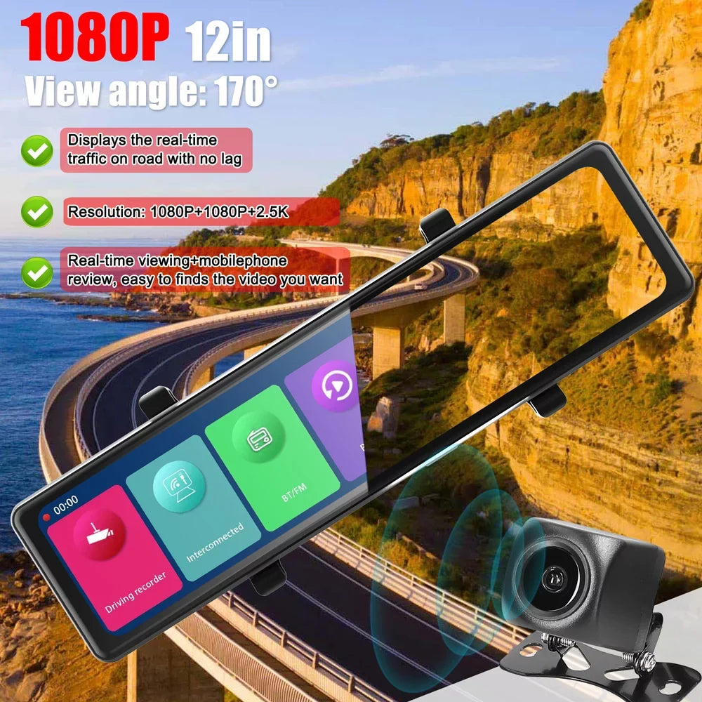 Stylish Pinnaco 3 Cameras Dash Cam 2.5K Clear Car Rearview Mirror BT Car Video Recording Camcorder Touched Screen Car Camera Recorder Auto Driving Recorder for Enhanced Safety