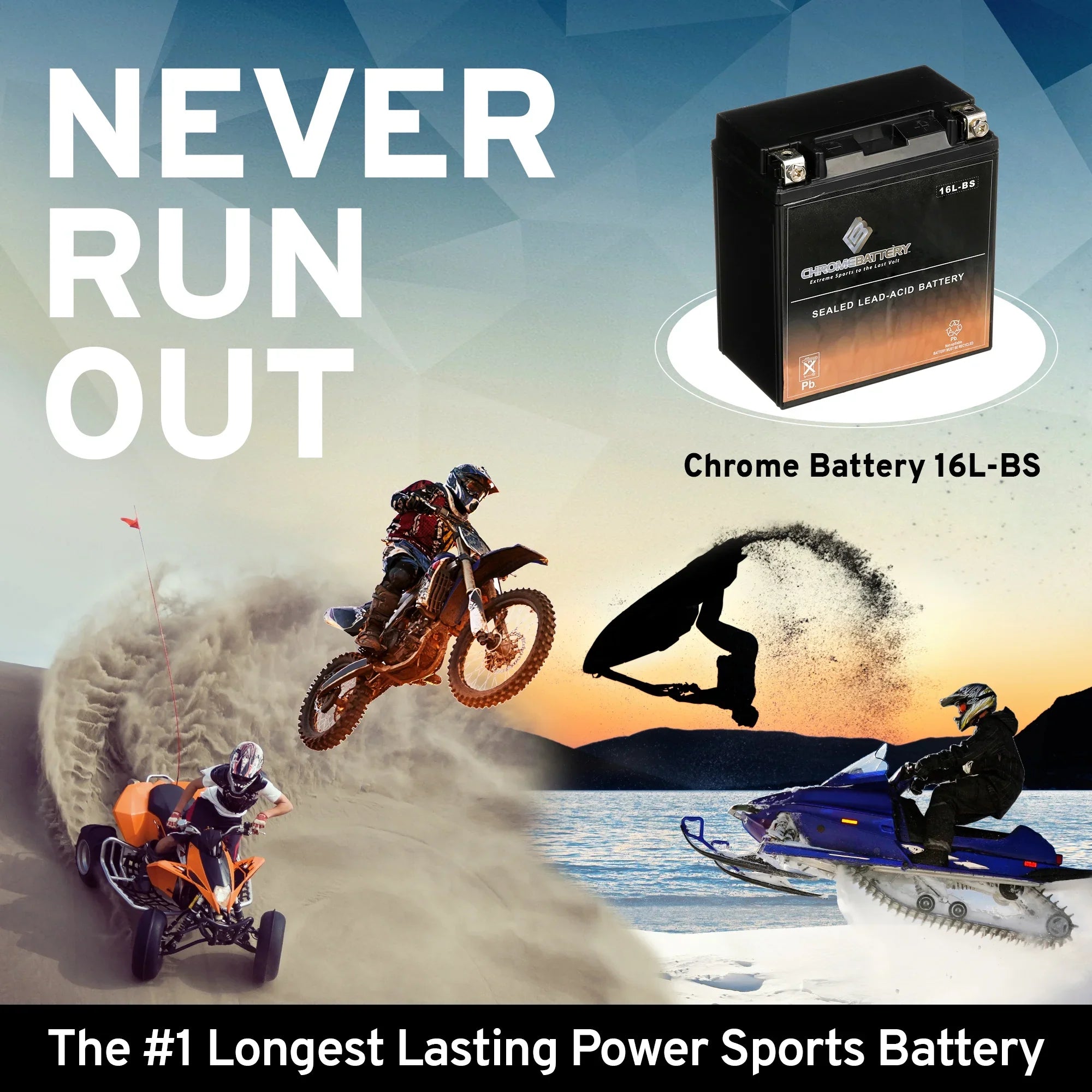 Chrome Battery YTX16L-BS (16L-BS 12 Volt,14 Ah, 230 CCA) Jet Ski Battery for Yamaha Wave Runner 1995