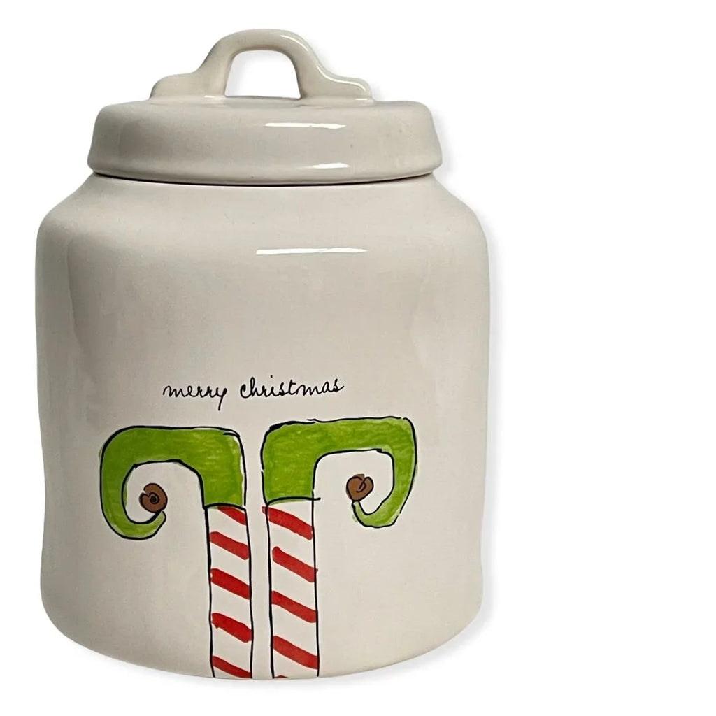 Rae Dunn MERRY CHRISTMAS ELF White Ceramic LL Canister With Black Letters - Exclusive Design