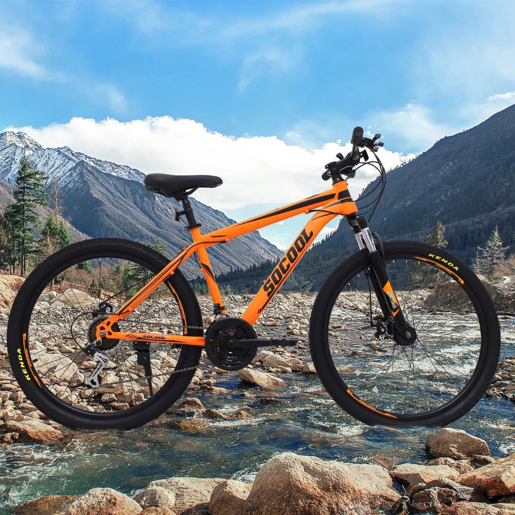 SOCOOL 26 inch Mountain Bike, Disc Brake 21 Speed Bike for Adult or Teens, Road bike with Full Suspension Fork City Bikes, Orange and Black, UF511BK