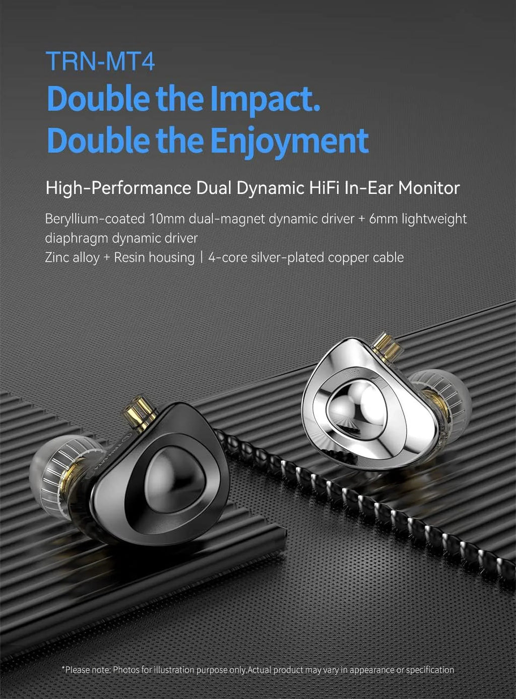 Stylish Kinboofi TRN MT4 in Ear Monitor Headphone, 10mm Dual Magnet Dyna Drive Earphone with 4- Silver-Plated Copper