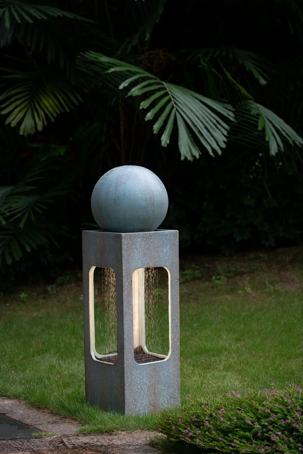 CoSoTower 13X13X44" Tall Contemporary Sphere Outdoor Water Fountain, Cement/Concrete Outdoor Fountain, Antique Blue Raindrop Water Feature with Light for Garden, Lawn, Deck & Patio - Exclusive Design