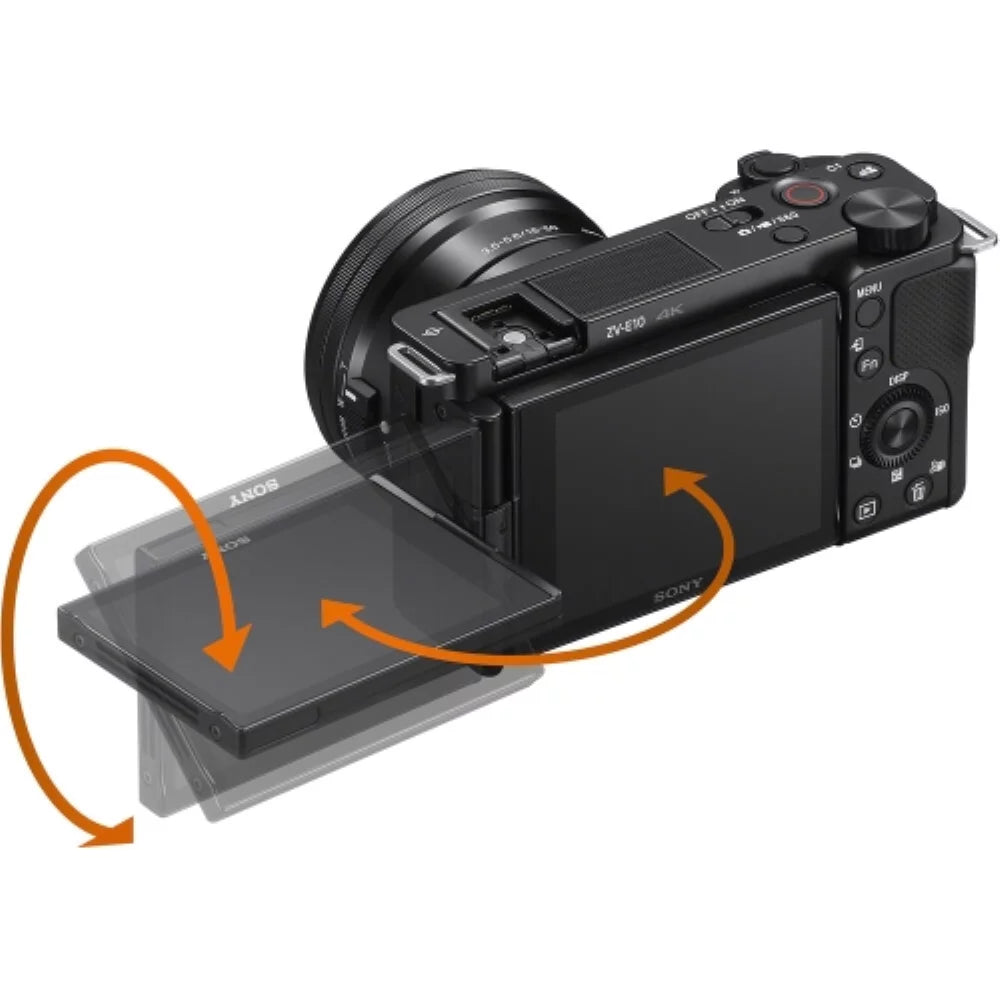 Sony ZV-E10 Mirrorless Camera |16-50mm Lens (Black) Bundle with Transcend 64GB Memory Card + Flexible Tripod + Camera Bag + Cleaning Kit (5 Items)