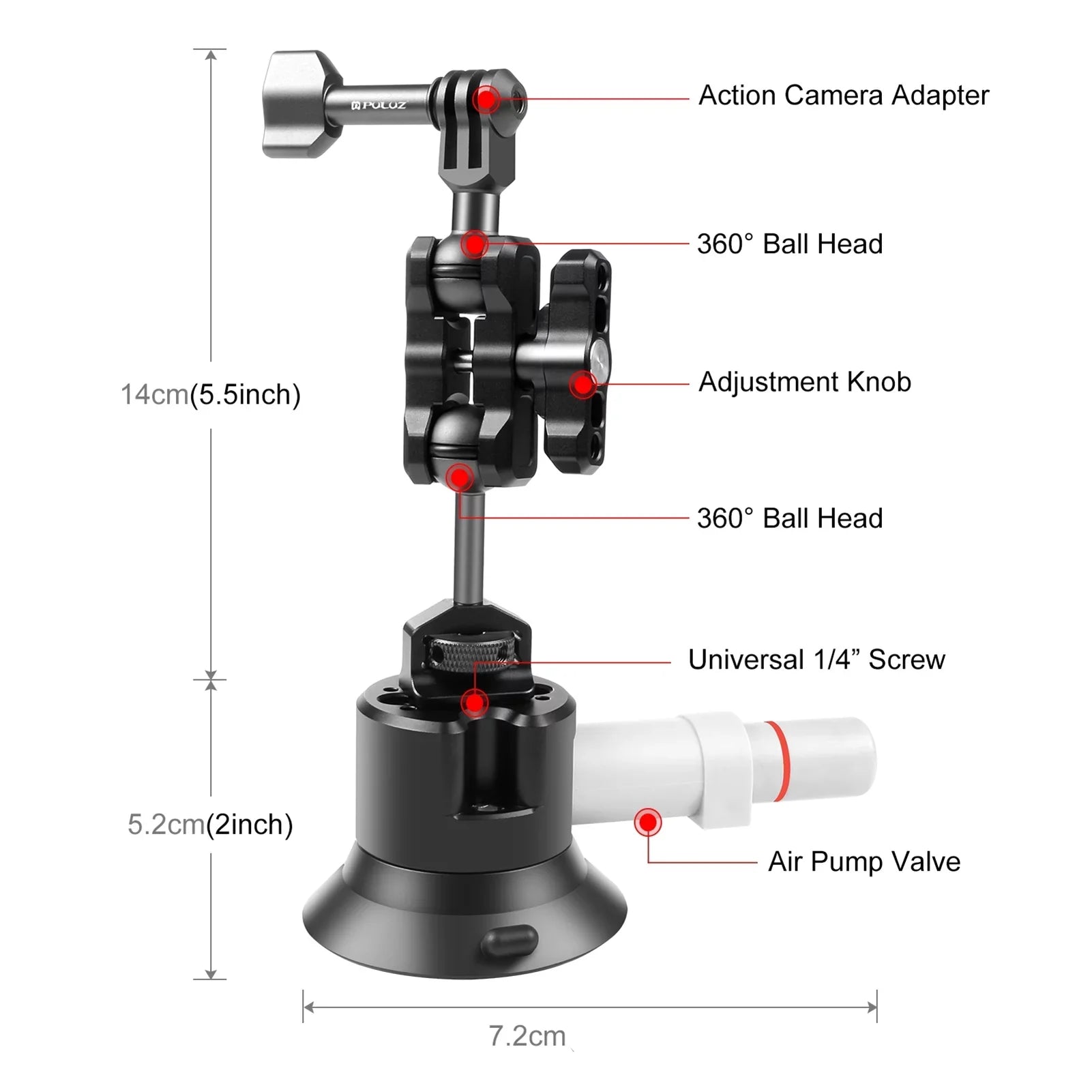 PULUZ PU845B Suction Cup Mount for Action Camera Suction Camera Mount Bracket Dual 360Â° Rotatable Ballheads Replacement for GoPro Hero 11/10/9/8, Osmo Action 3/2 - Exclusive Design