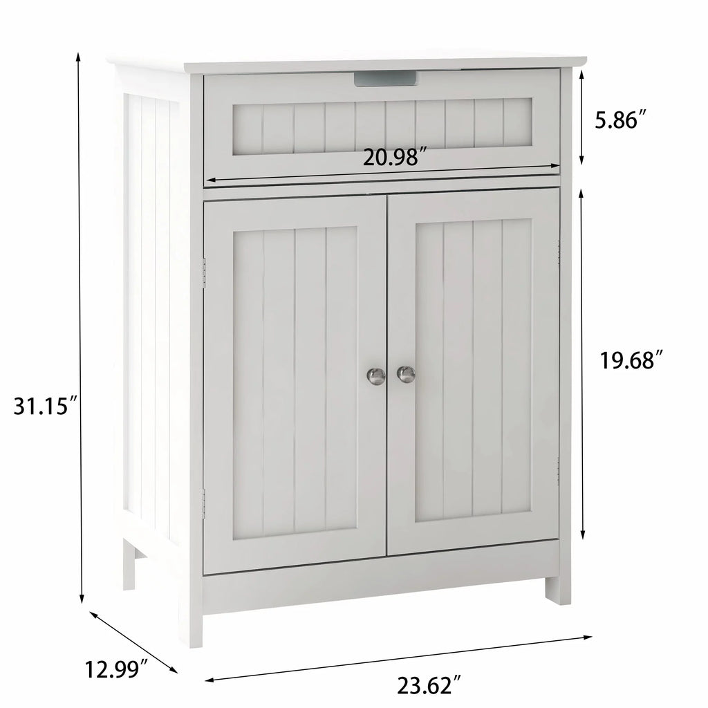 Stylish Versatile Bathroom Floor Cabinet in White Freestanding Wood Storage Organizer 2 Doors, 1 Drawer Adjustable Shelf Elegant Design for Bathroom and Living Room.