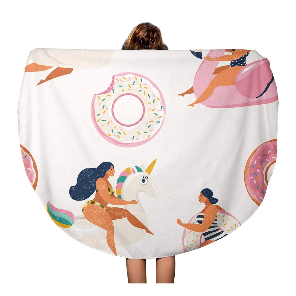 Stylish KDAGR 60 inch Round Beach Towel Blanket Flamingo Unicorn Swan and Sweet Donut Inflatable Swimming Pool Travel Circle Circular Towels Mat Tapestry Beach Throw