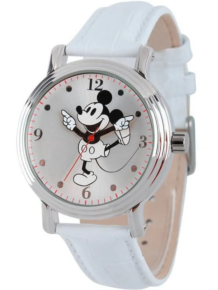 Women's Shinny Silver Vintage Articulating Alloy Case Watch, White Leather Strap