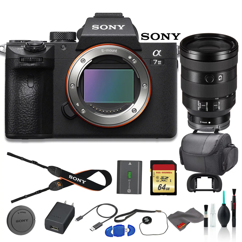 Stylish Sony Alpha a7 III Mirrorless Digital Camera Bundle - With Sony FE 24-105mm f/4 Lens, Bag, 64GB Memory Card, Memory Card Reader and More