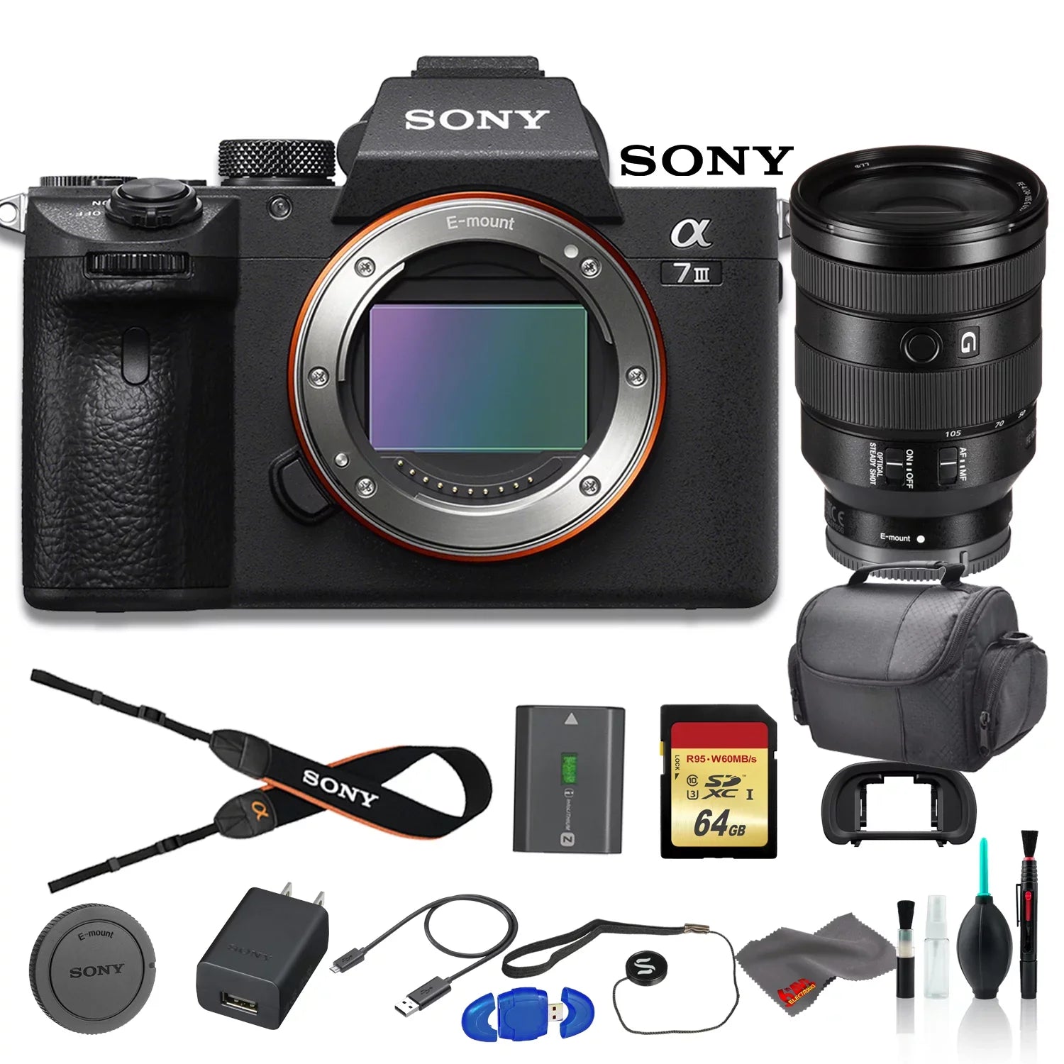 Stylish Sony Alpha a7 III Mirrorless Digital Camera Bundle - With Sony FE 24-105mm f/4 Lens, Bag, 64GB Memory Card, Memory Card Reader and More