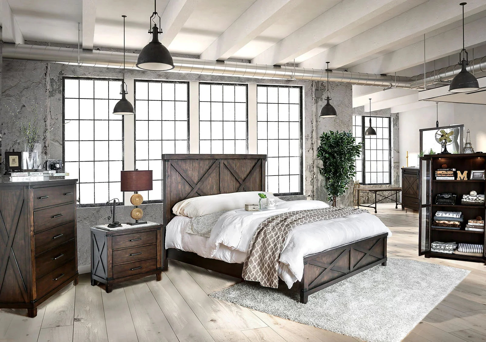 Stylish Rustic Style Dark Walnut Transitional Bedroom Furniture 1pc Bed Plank Style HB FB Eastern King Size Bed Solid Wood