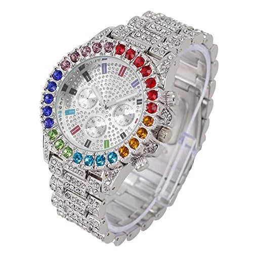 Charles Raymond Iced Out Mens Color on Blast Watch Single or Combo Sets with Blinged Out Bracelets Set. Iced Out Colourful Rainbow Flame Collection (ST10327CO-ZZ SLV) - Exclusive Design