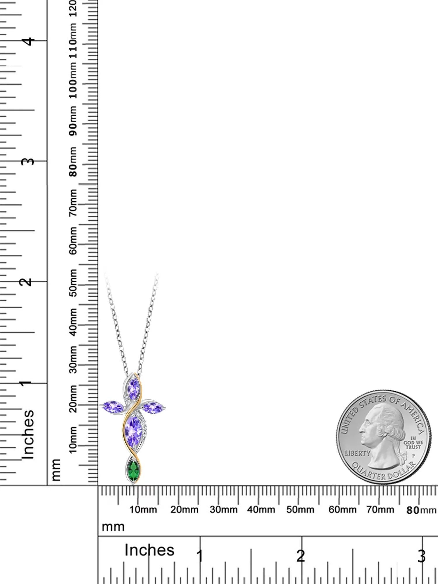Stylish Gem Stone King 925 Silver and 10K Yellow Gold Marquise Blue Tanzanite Green Nano Emerald and Lab Grown Diamond Cross Pendant Necklace For Women (1.48 Cttw, with 18 inch Chain)