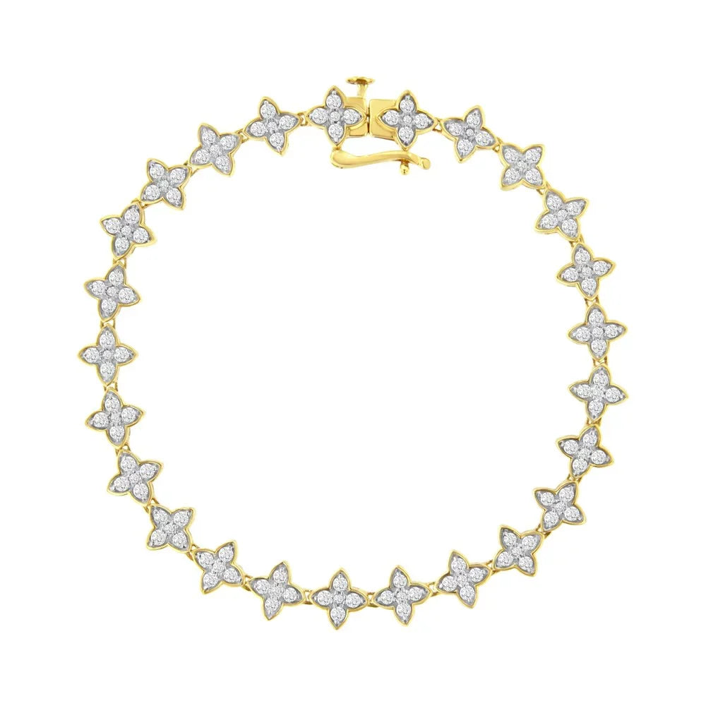 Stylish 10K Yellow Gold 2.0 cttw Round-Cut Diamond 4 Leaf Clover Link Bracelet (J-K Color, I1-I2 Clarity) - 7.25"