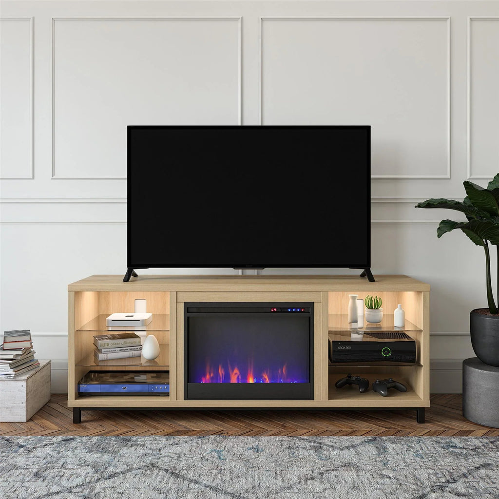 Ameriwood Home Lumina Deluxe Fireplace TV Stand for TVs up to 70" in Blonde Oak - Exclusive Design