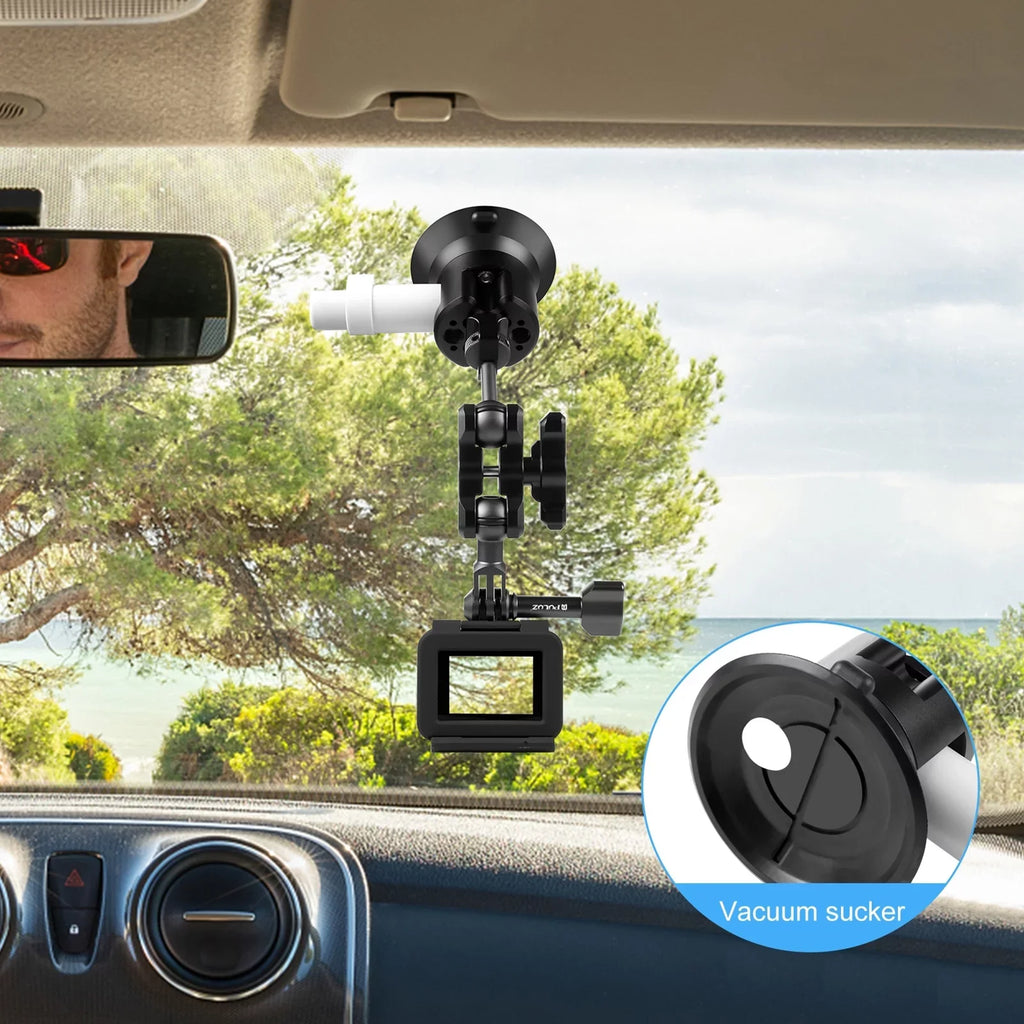 PULUZ PU845B Suction Cup Mount for Action Camera Suction Camera Mount Bracket Dual 360Â° Rotatable Ballheads Replacement for GoPro Hero 11/10/9/8, Osmo Action 3/2 - Exclusive Design