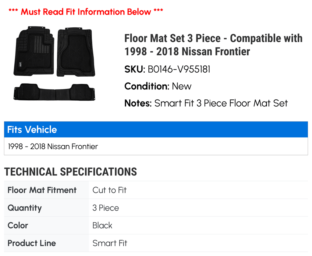 Stylish Floor Mat Set 3 Piece - Compatible with 1998 - 2018 Nissan Frontier 1999 2000 2001 2002 2003 2004 2005 2006 2007 2008 2009 2010 2011 2012 2013 2014 2015 2016 2017