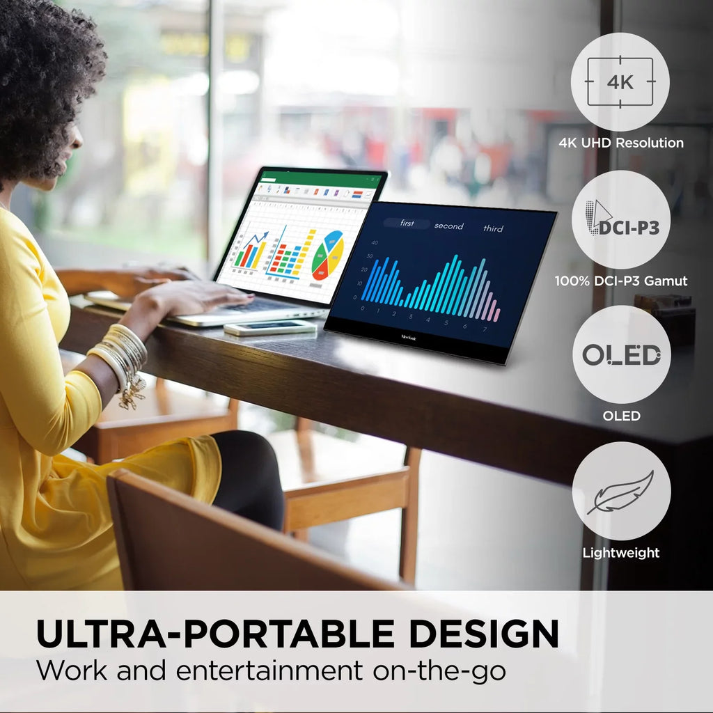 ViewSonic VX1655-4K-OLED 15.6 Inch 4K UHD Portable OLED Monitor with 2 Way Powered 60W USB C, Mini HDMI, Dual Speakers, and Built in Stand with Smart Cover