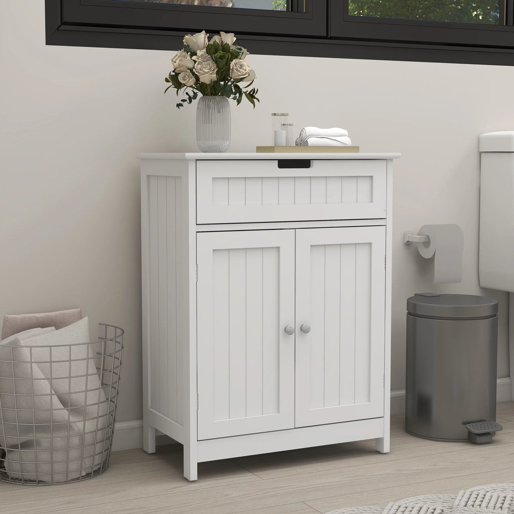 Stylish Versatile Bathroom Floor Cabinet in White Freestanding Wood Storage Organizer 2 Doors, 1 Drawer Adjustable Shelf Elegant Design for Bathroom and Living Room.