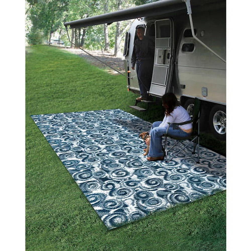 Stylish Camco 8' x 16' Reversible RV Outdoor Mat, Perfect Outdoor Accessory for RVing, Camping, Picnicking, and the Beach - Blue Swirl (42841)