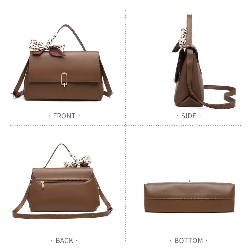 Brown crossbody bags women handbags ladies hand bags square bag Women's Silk Scarf Handle PU Leather Flap Shoulder Bag