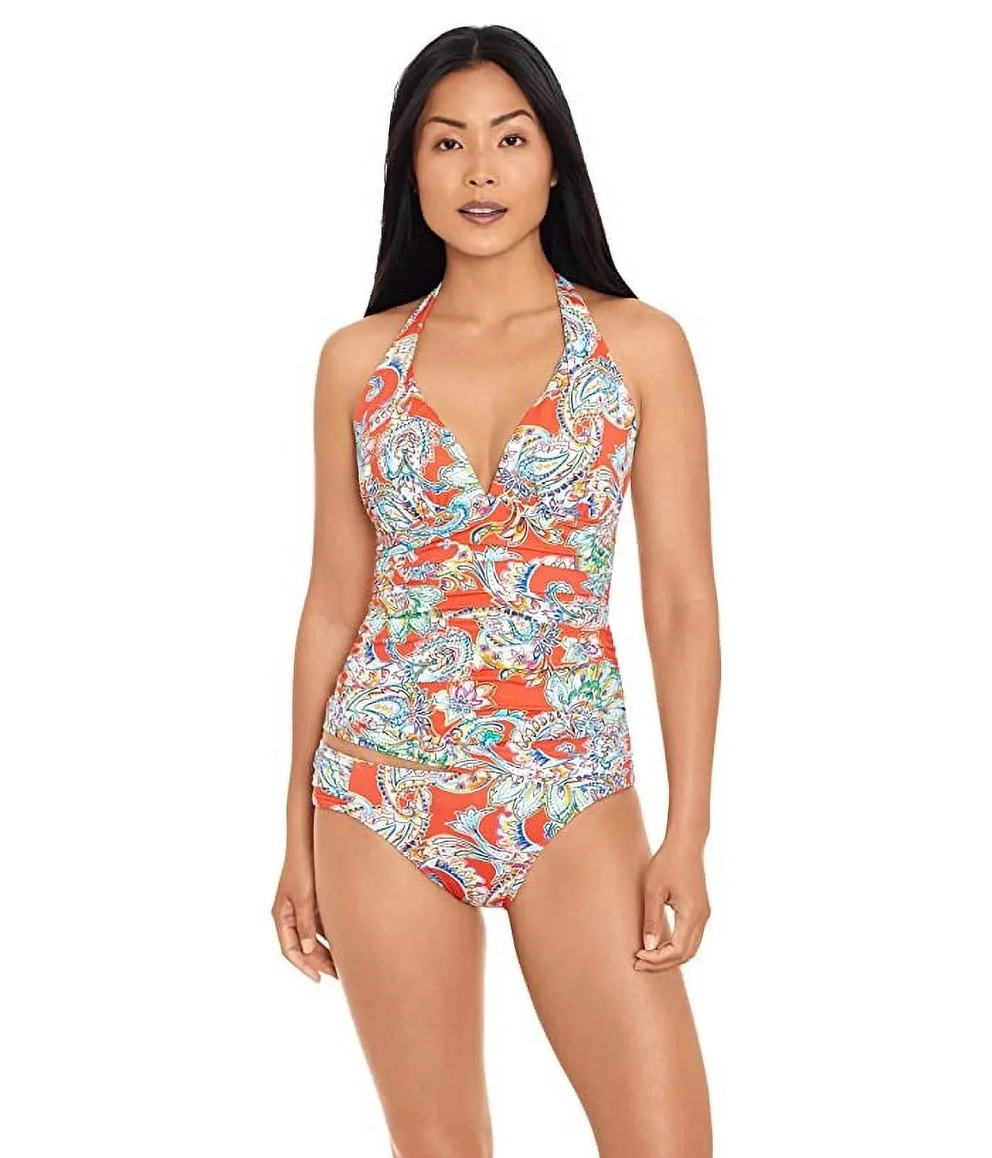Stylish Ralph Lauren Women's Multi Paisley Molded Cup Tankini Top Orange Size 6