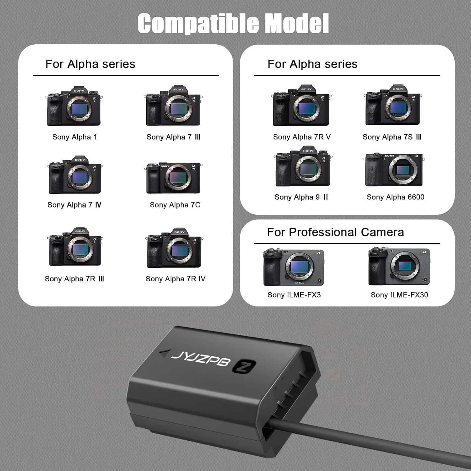 JYJZPB NP-FZ100 Dummy y AC Power Adapter Fit for Sony A7III A7IV Alpha 1 A7C FX3 FX30 A7R3 A7R III A7R V A7R IV - Exclusive Design