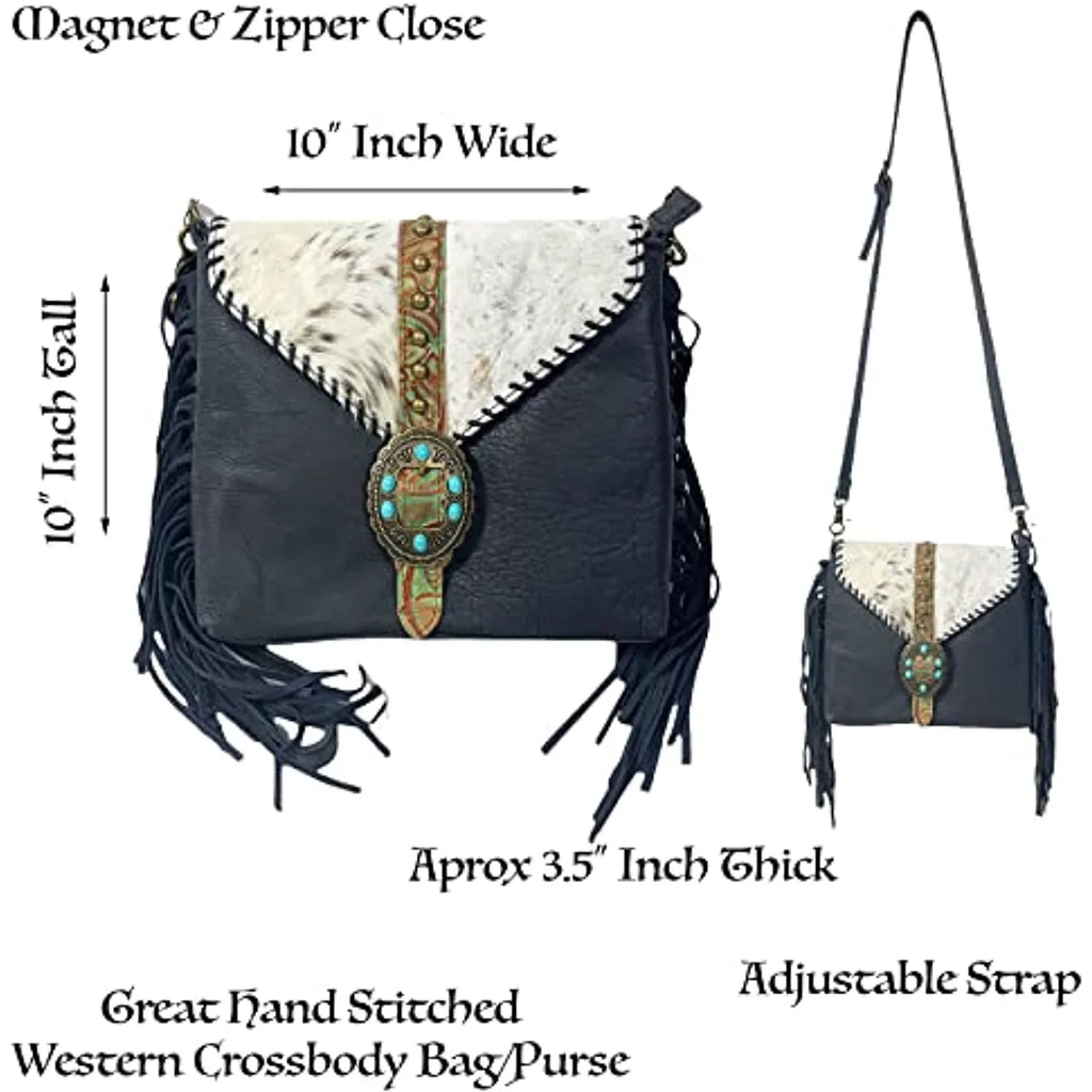 Stylish Urbalabs Western Crossbody Fringe Buckle Cowhair Leather Messenger Teal Stone Tooled Tote Bag Hand Stitched Purses (Blue)