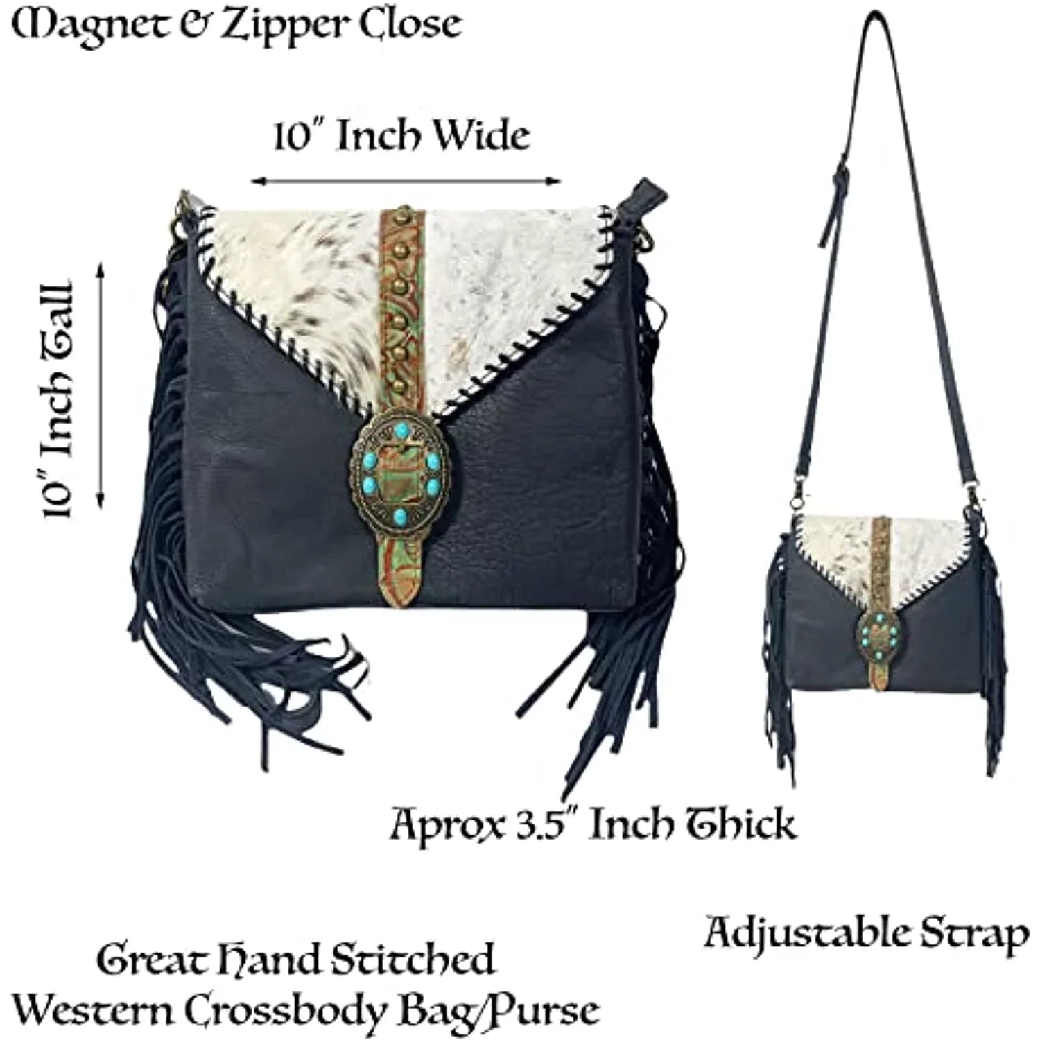 Stylish Urbalabs Western Crossbody Fringe Buckle Cowhair Leather Messenger Teal Stone Tooled Tote Bag Hand Stitched Purses (Blue)